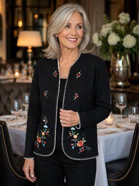 Erika womens jacket size medium black with roses Embroidered long sleeve